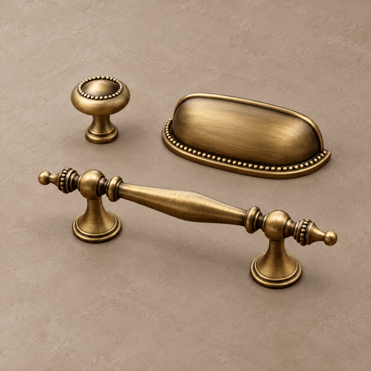 Cup & Spindle Cabinet Pull & Knob — Antique Brass — detail
