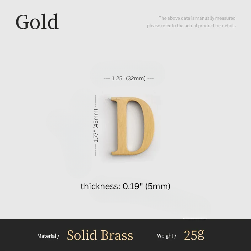 Gold letter 'D' with measurements on a gray background