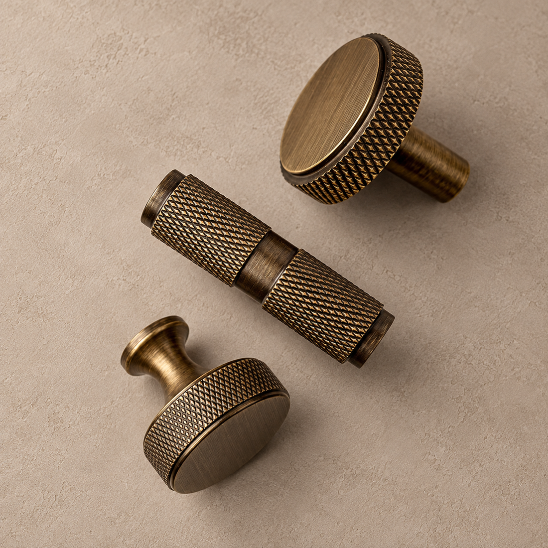 Solid Antique Brass T Bar & Knob Cabinet Pull — Diamond-Cut Knurl Design — main-knob-trio