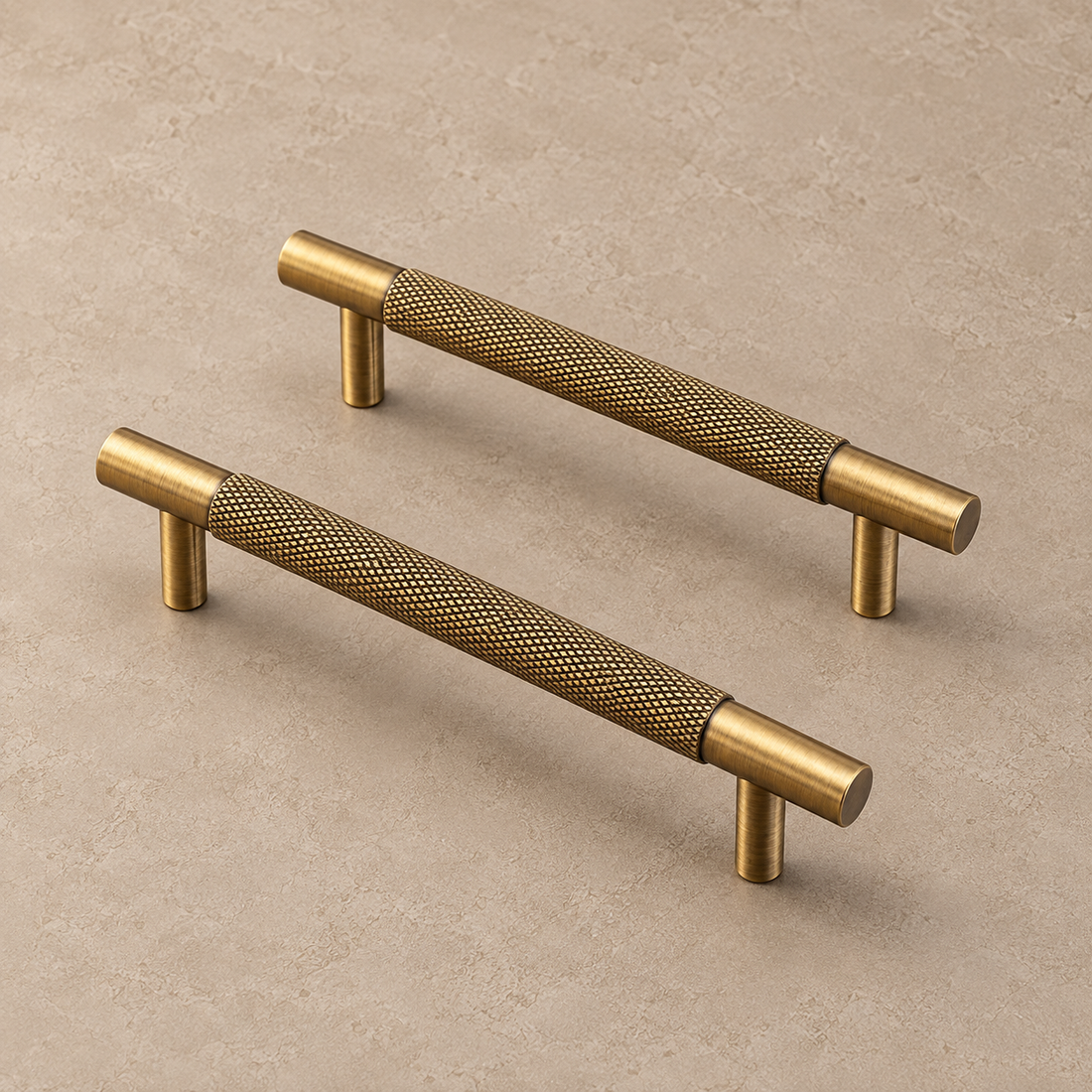 Solid Antique Brass T Bar & Knob Cabinet Pull — Diamond-Cut Knurl Design — main-knob-trio