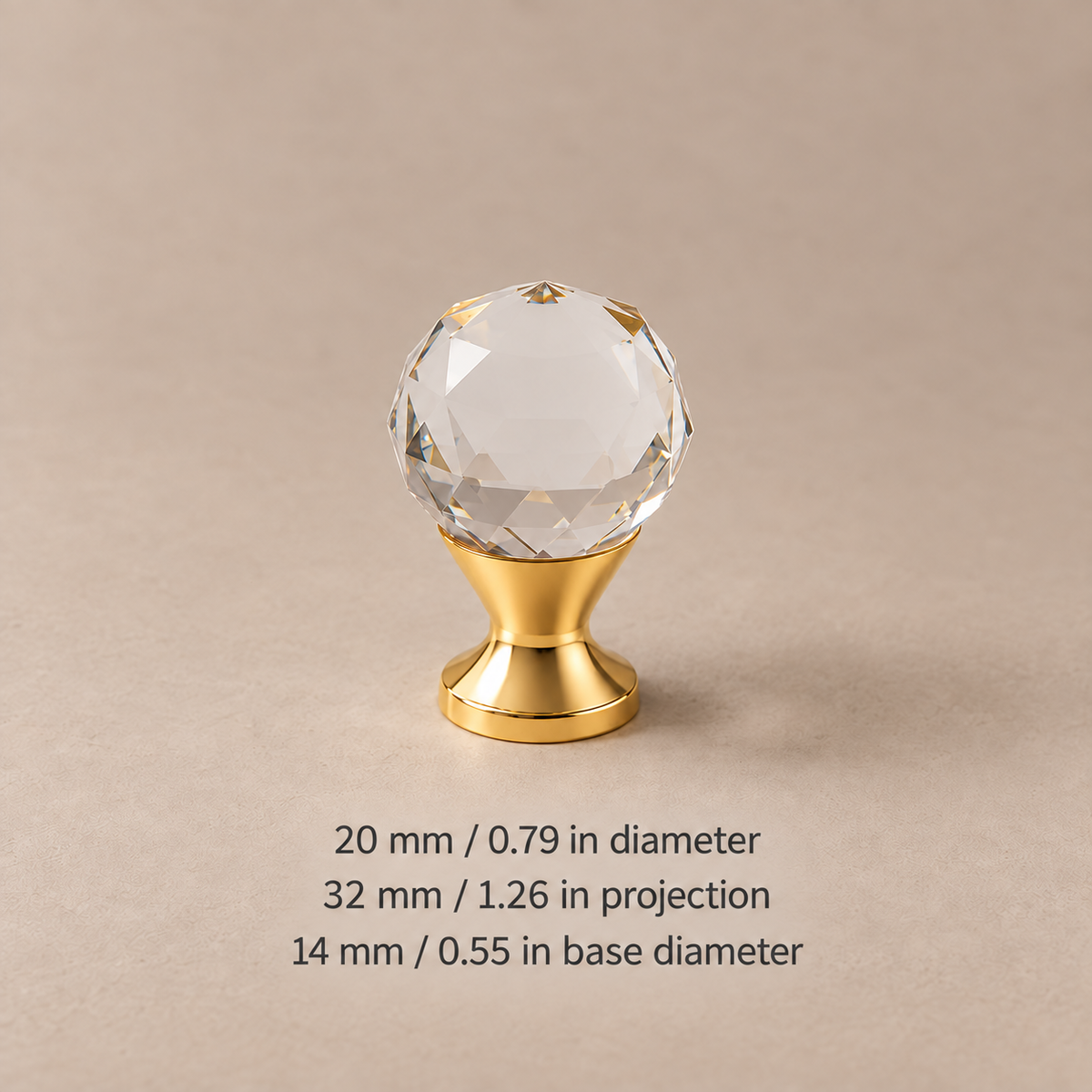 Diamond crystal cabinet knob — brass20 — dimensions in millimetres and inches
