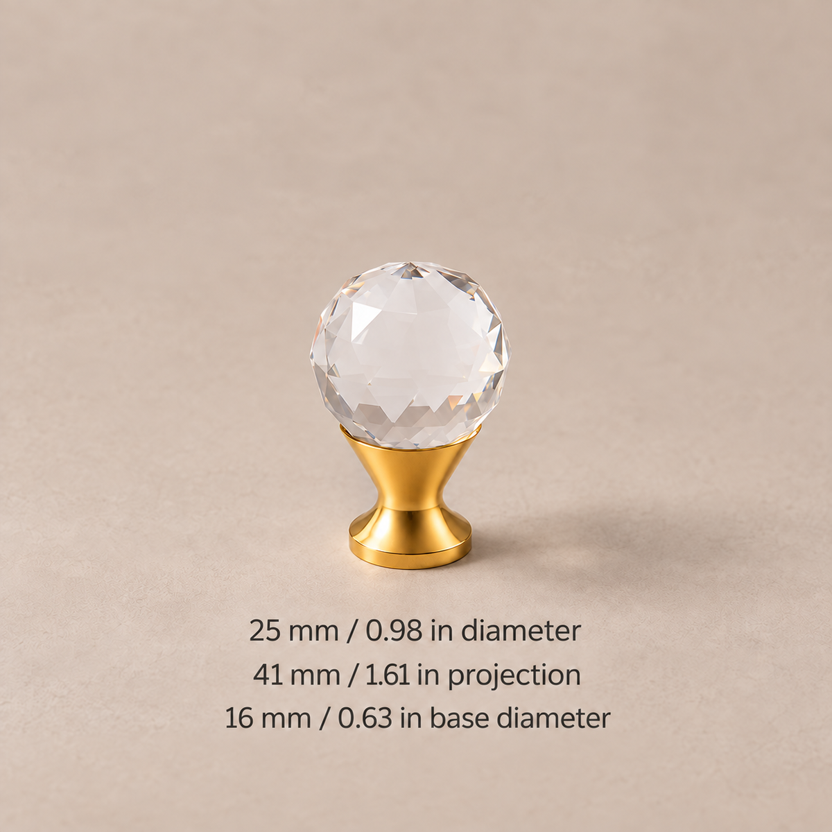 Diamond crystal cabinet knob — brass25 — dimensions in millimetres and inches