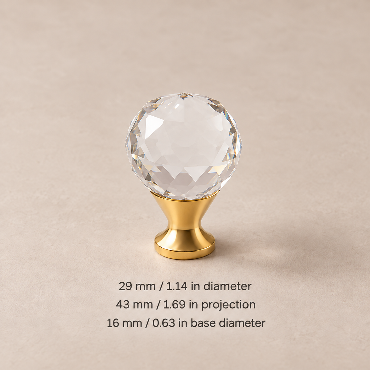 Diamond crystal cabinet knob — brass30 — dimensions in millimetres and inches