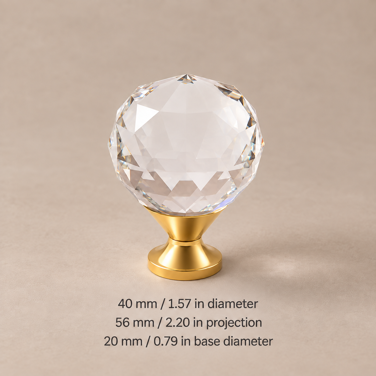 Diamond crystal cabinet knob — brass40 — dimensions in millimetres and inches