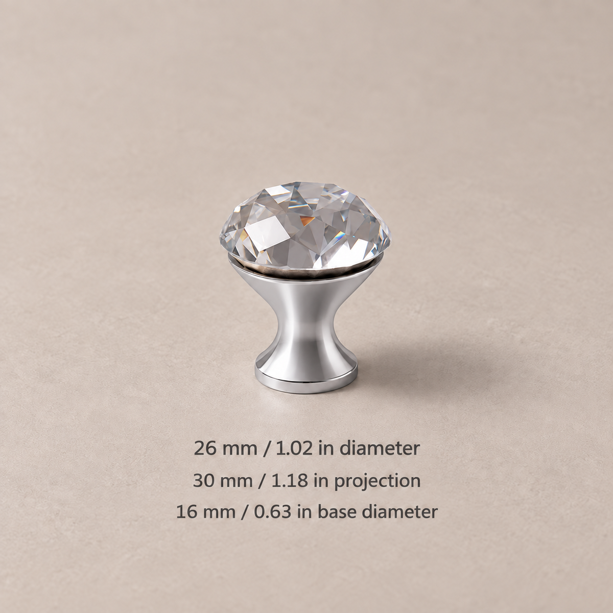 Diamond crystal cabinet knob — chrome25 — dimensions in millimetres and inches