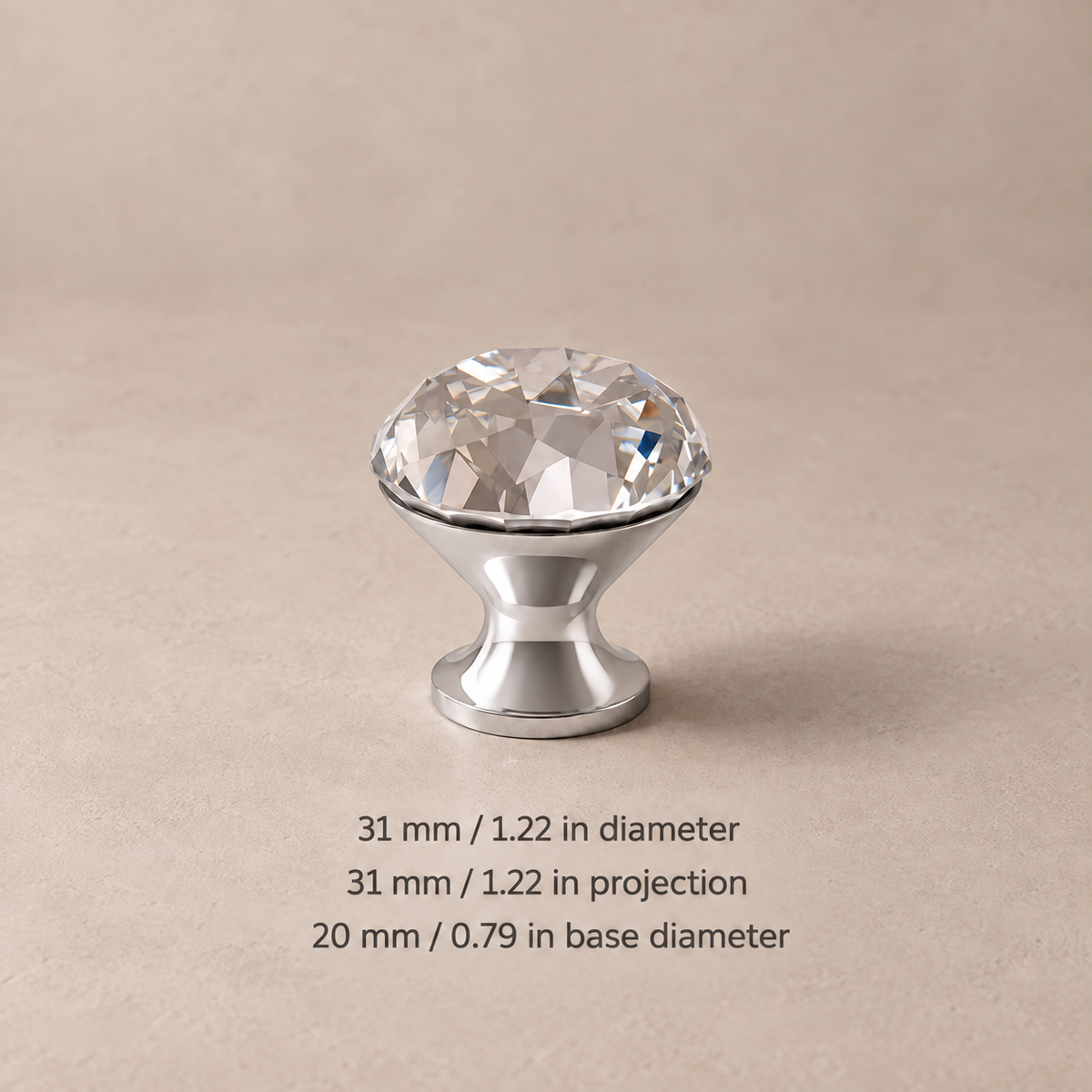 Diamond crystal cabinet knob — chrome30 — dimensions in millimetres and inches
