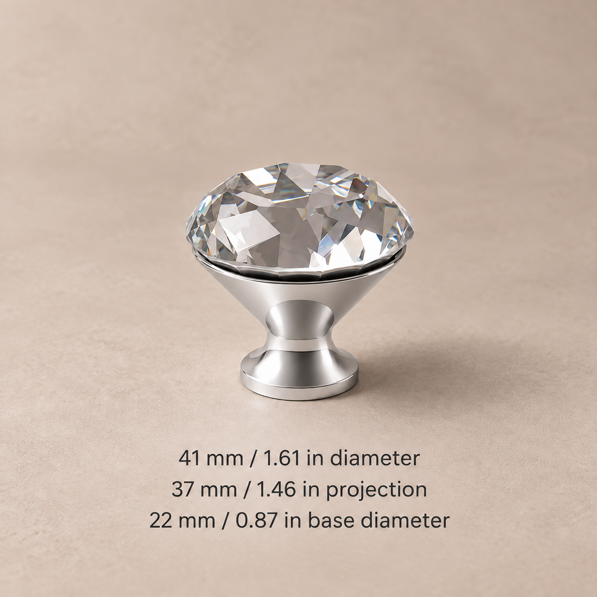 Diamond crystal cabinet knob — chrome40 — dimensions in millimetres and inches