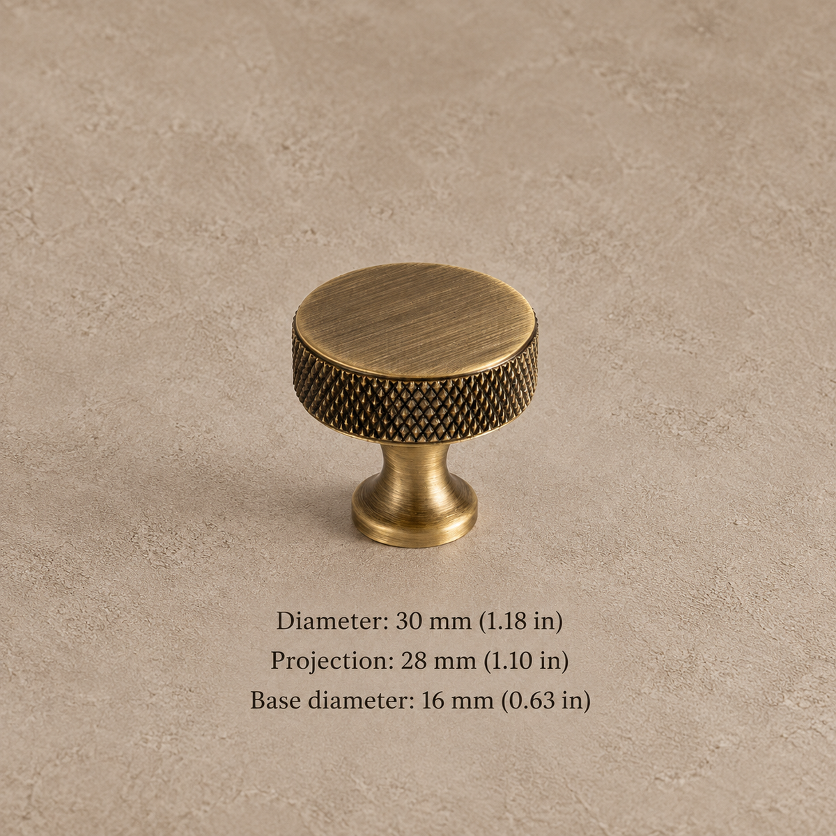 Diamond-Knurled Solid Brass Cabinet Pulls & Knobs — Antique Brass — disc-knob-30
