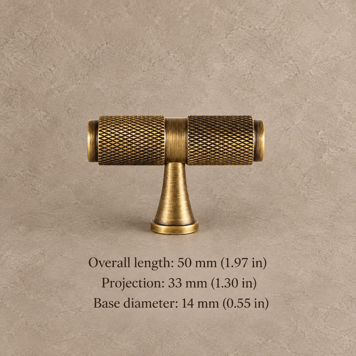Diamond-Knurled Solid Brass Cabinet Pulls & Knobs — Antique Brass — tbar-50