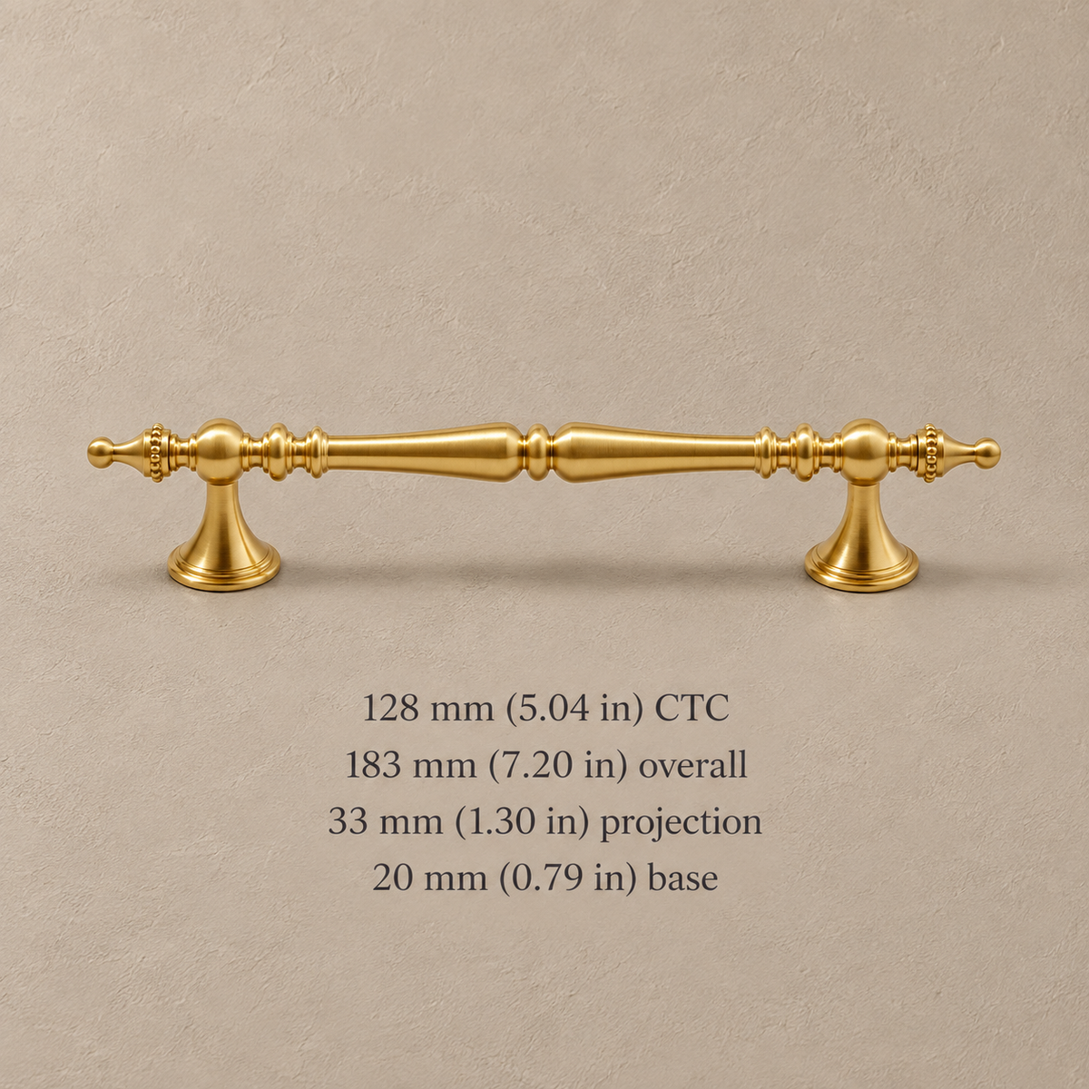 128 mm CTC European brass pull with millimeter and inch dimensions