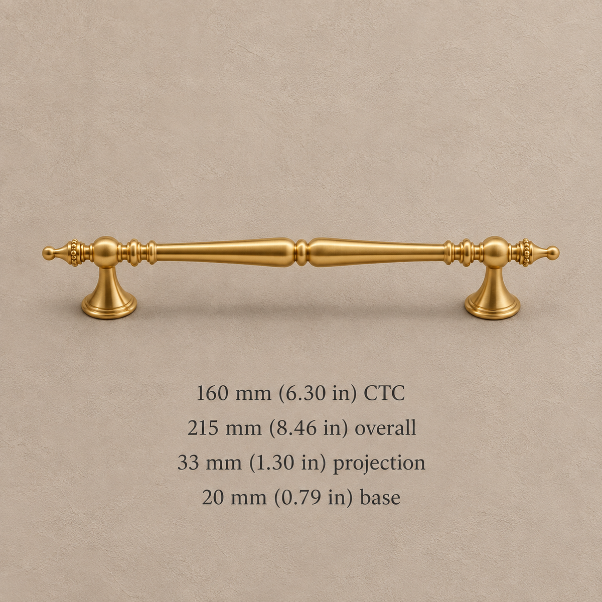 160 mm CTC European brass pull with millimeter and inch dimensions