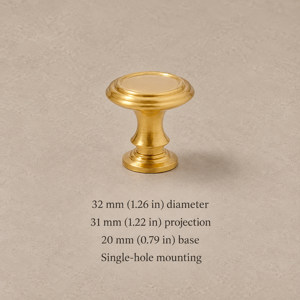 32 mm round brass cabinet knob with millimeter and inch dimensions