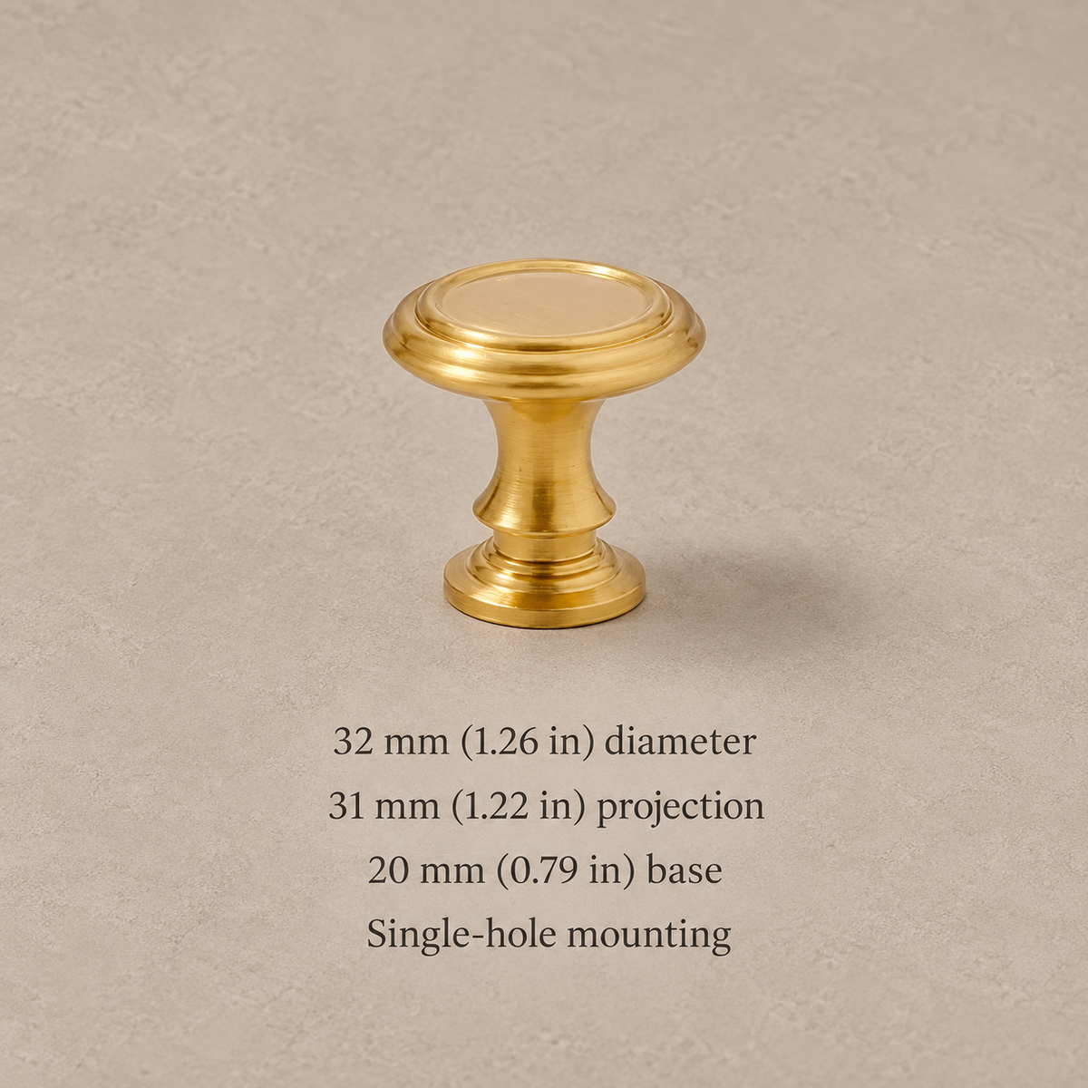 32 mm round brass cabinet knob with millimeter and inch dimensions