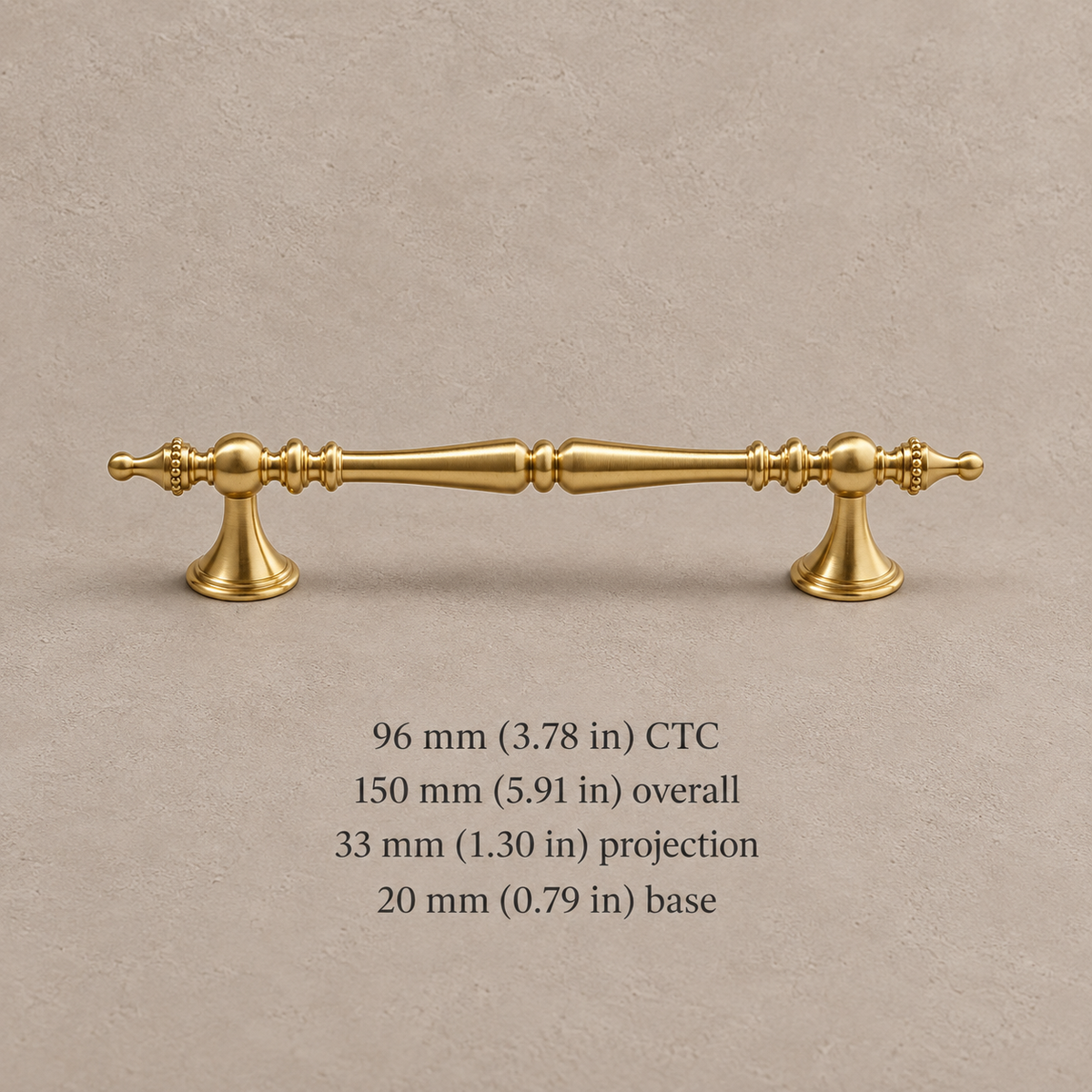 96 mm CTC European brass pull with millimeter and inch dimensions
