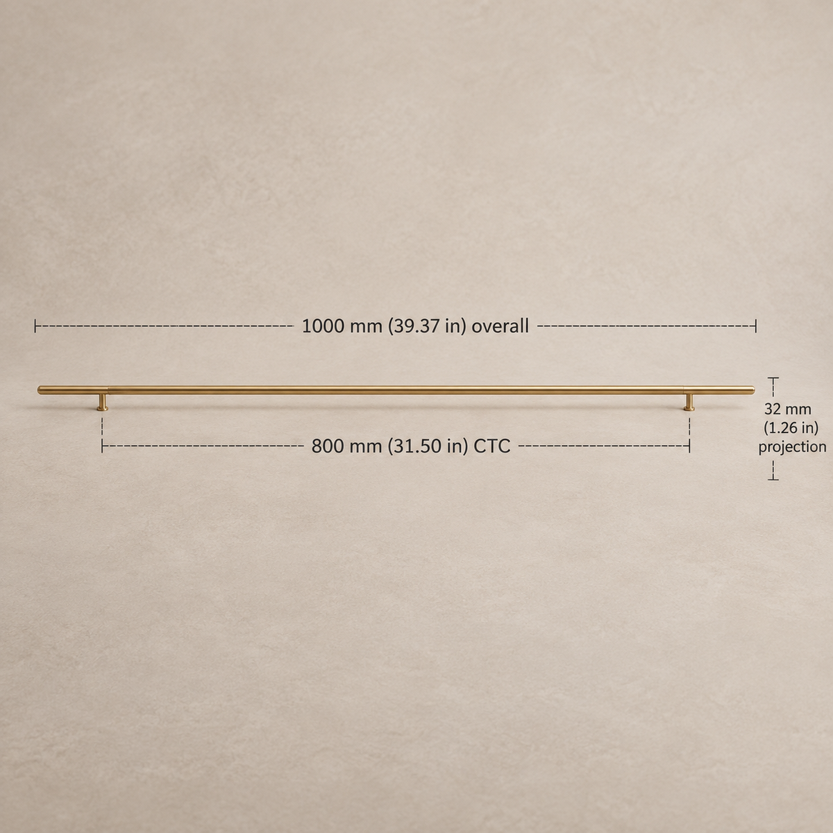 Extra-long brushed brass pull: source diagram shows 1000 mm overall, 800 mm mounting-hole spacing and 32 mm projection, with inch equivalents