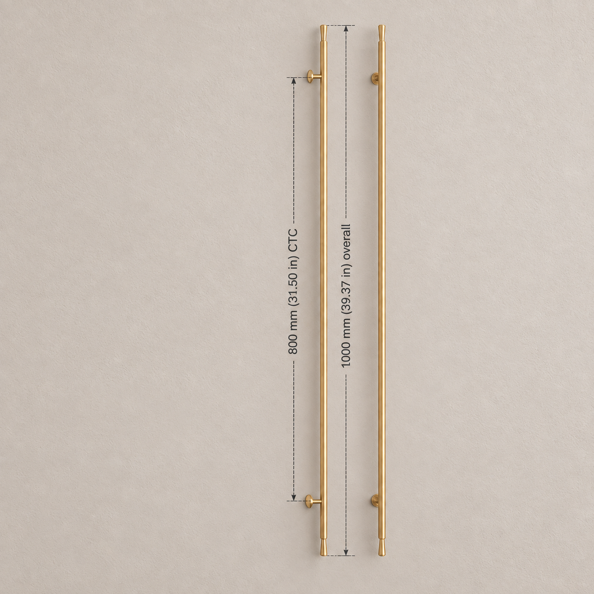Extra-long brass pull measurements: 800 mm (31.50 in) CTC and 1000 mm (39.37 in) overall