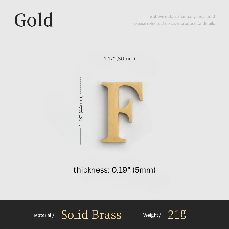 Gold letter 'F' with measurements on a light gray background