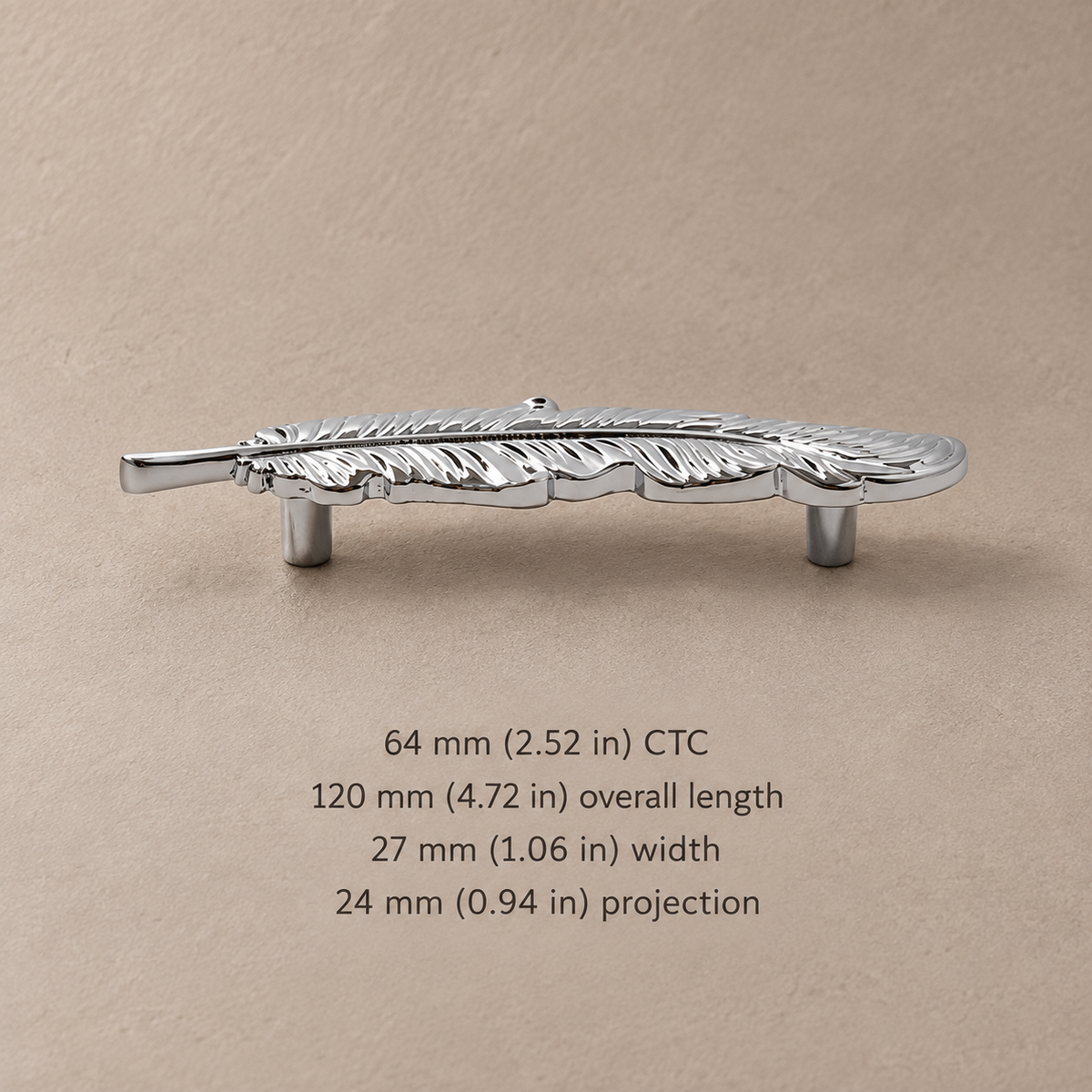 Chrome feather pull with 64 mm CTC and 120 mm overall length in millimeters and inches