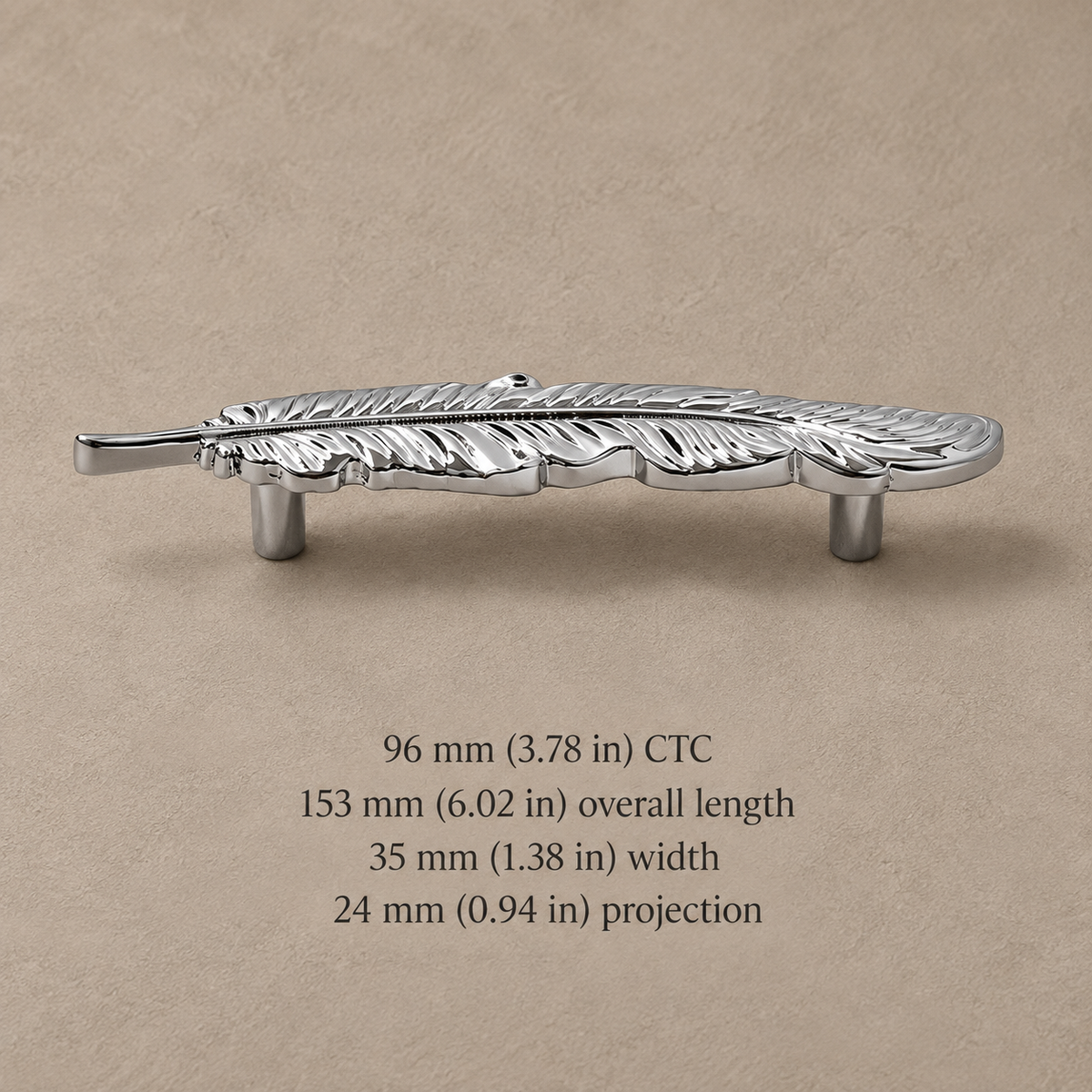 Chrome feather pull with 96 mm CTC and 153 mm overall length in millimeters and inches