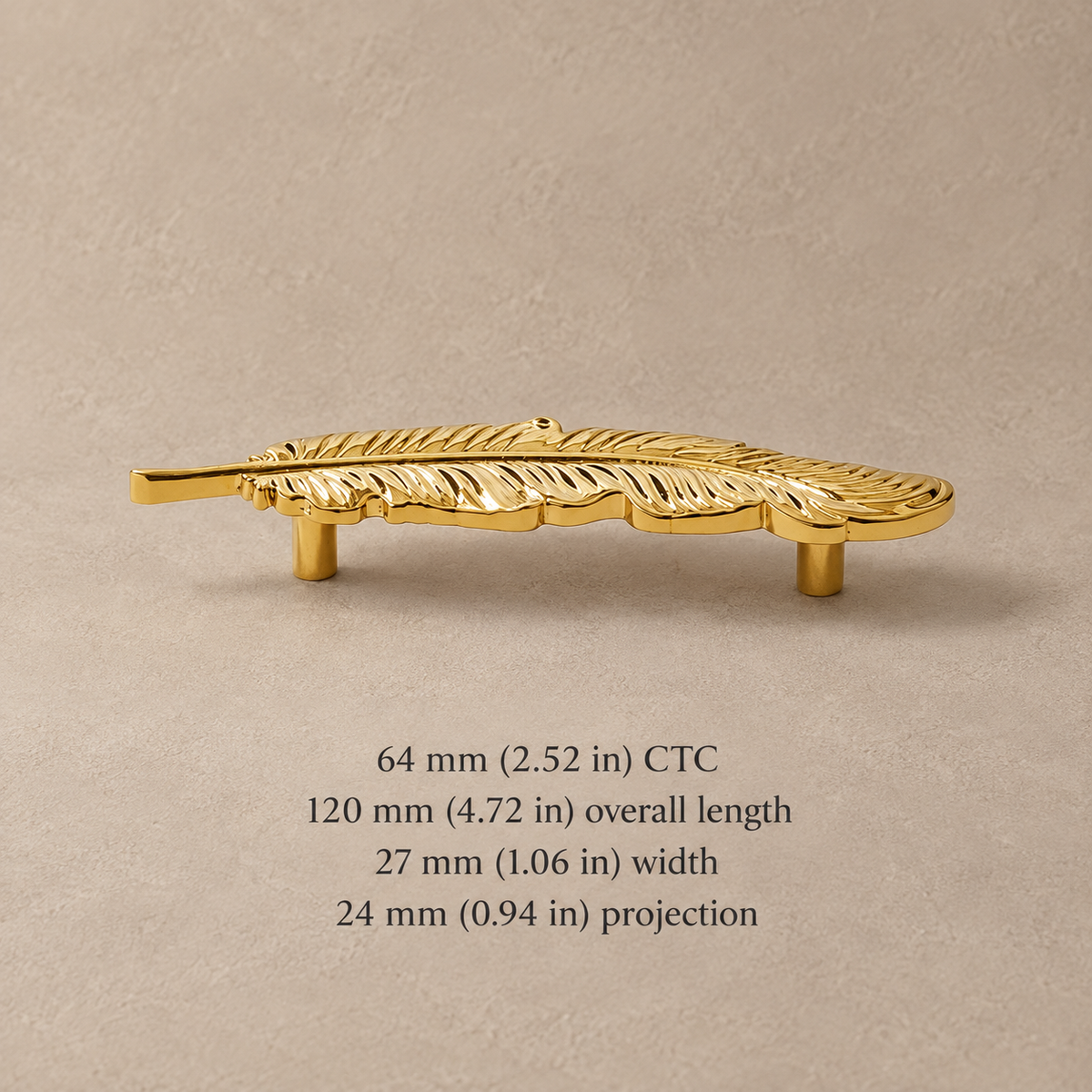 Gold feather pull with 64 mm CTC and 120 mm overall length in millimeters and inches