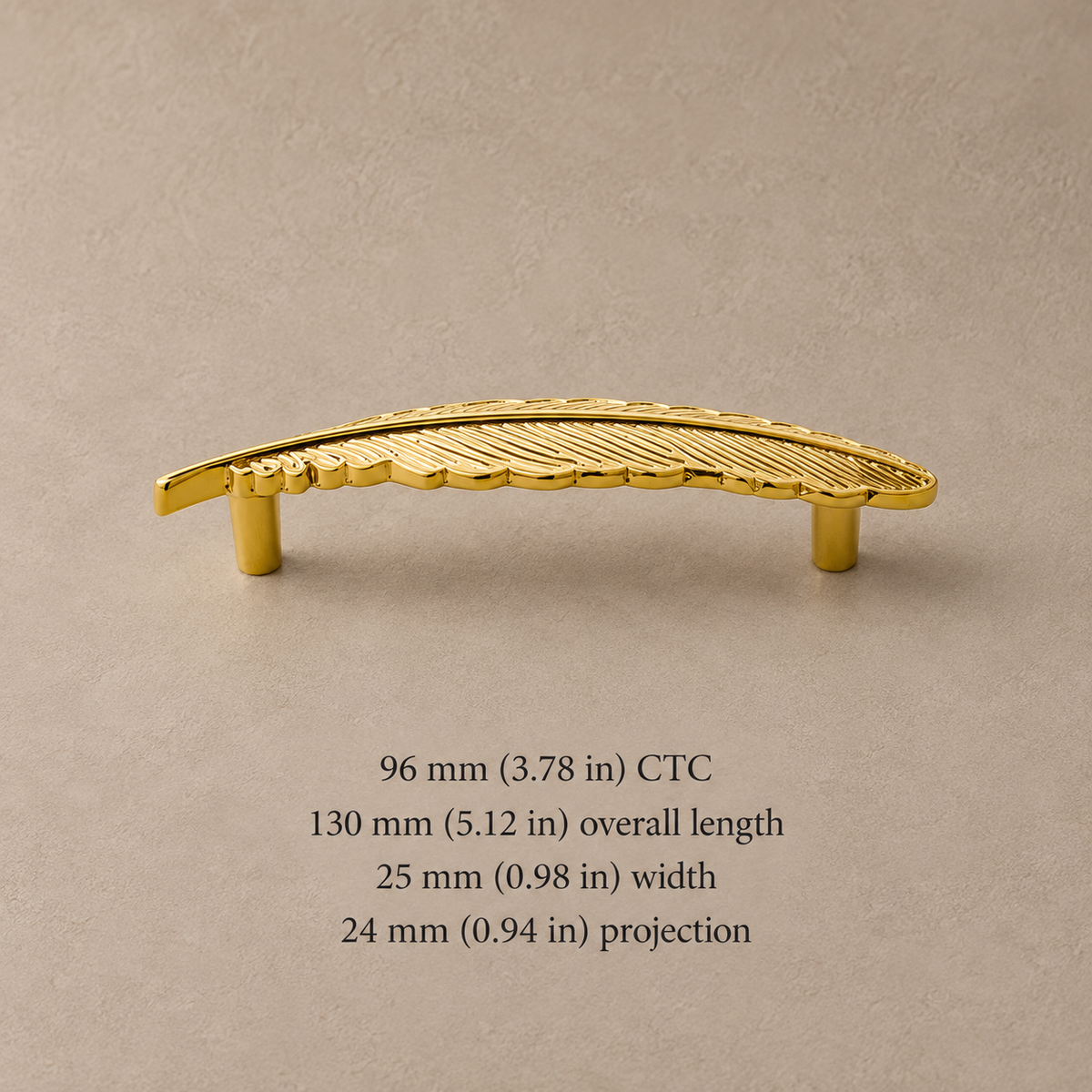 Narrow gold feather pull with 96 mm CTC and 130 mm overall length in millimeters and inches
