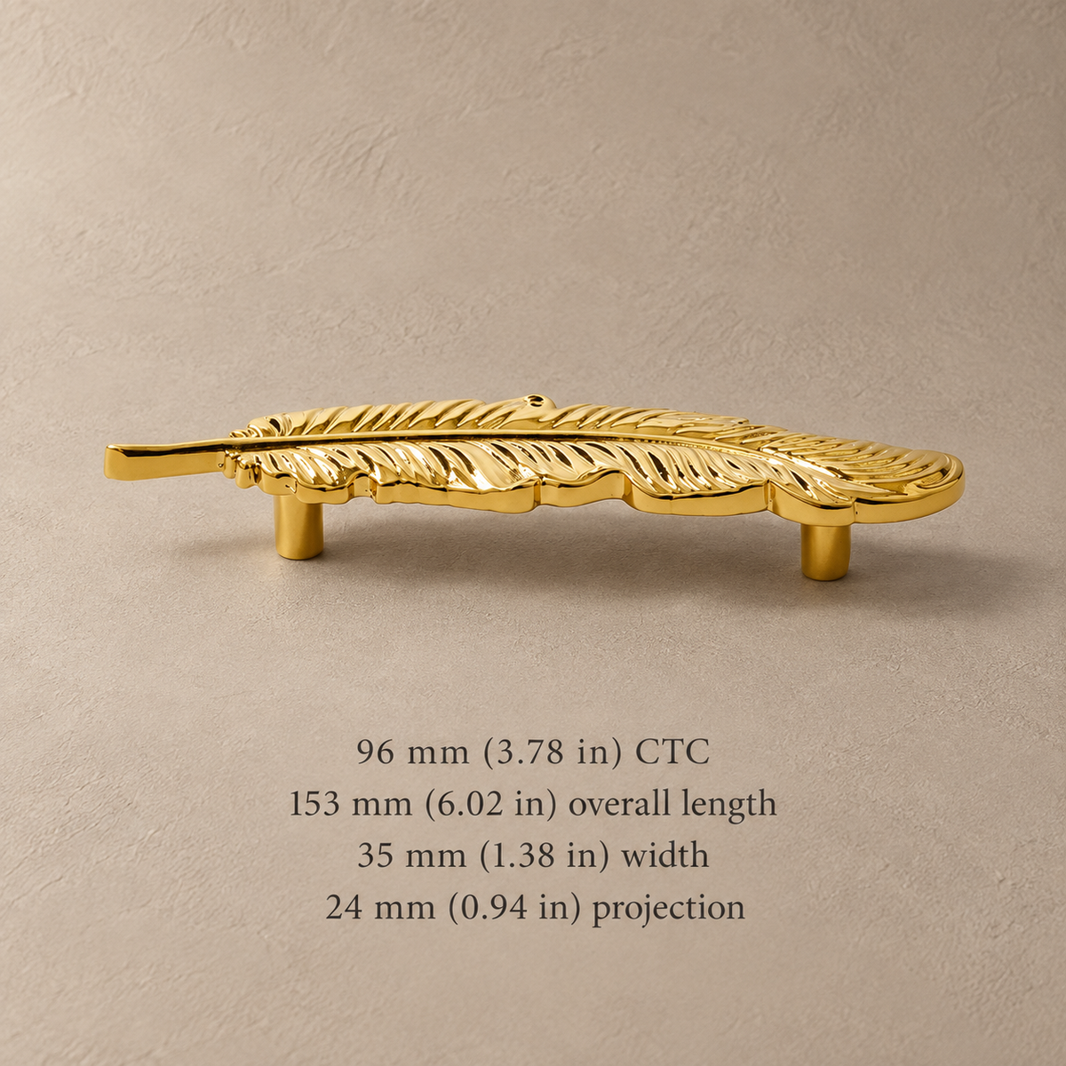 Gold feather pull with 96 mm CTC and 153 mm overall length in millimeters and inches