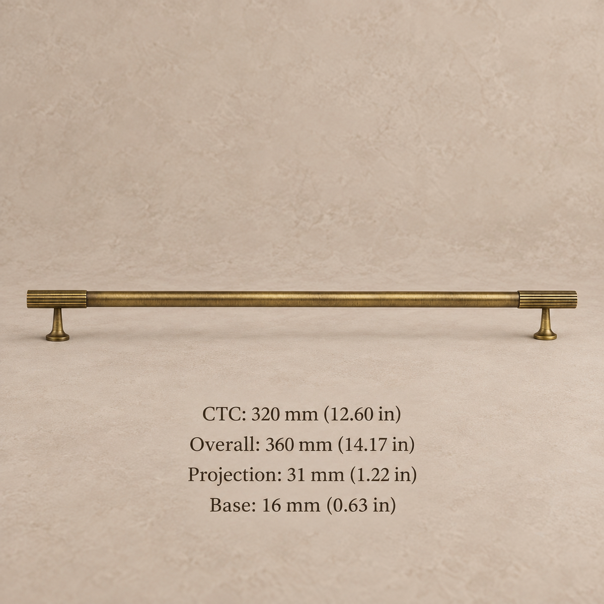 antique brass fluted cabinet pull on warm taupe studio background