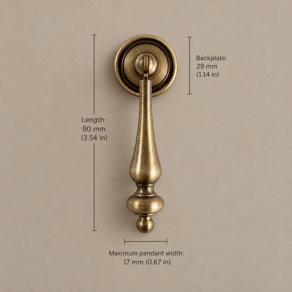 Fluted Barrel Cabinet Pull & Knob — Antique Brass — dimensions in millimetres and inches