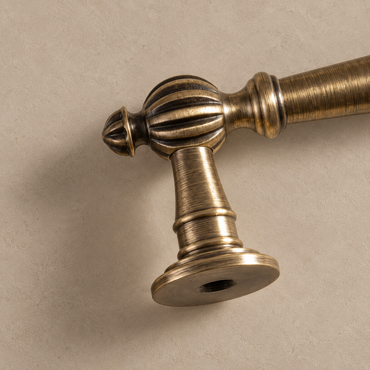 Fluted Barrel Cabinet Pull & Knob — Antique Brass — finial-detail