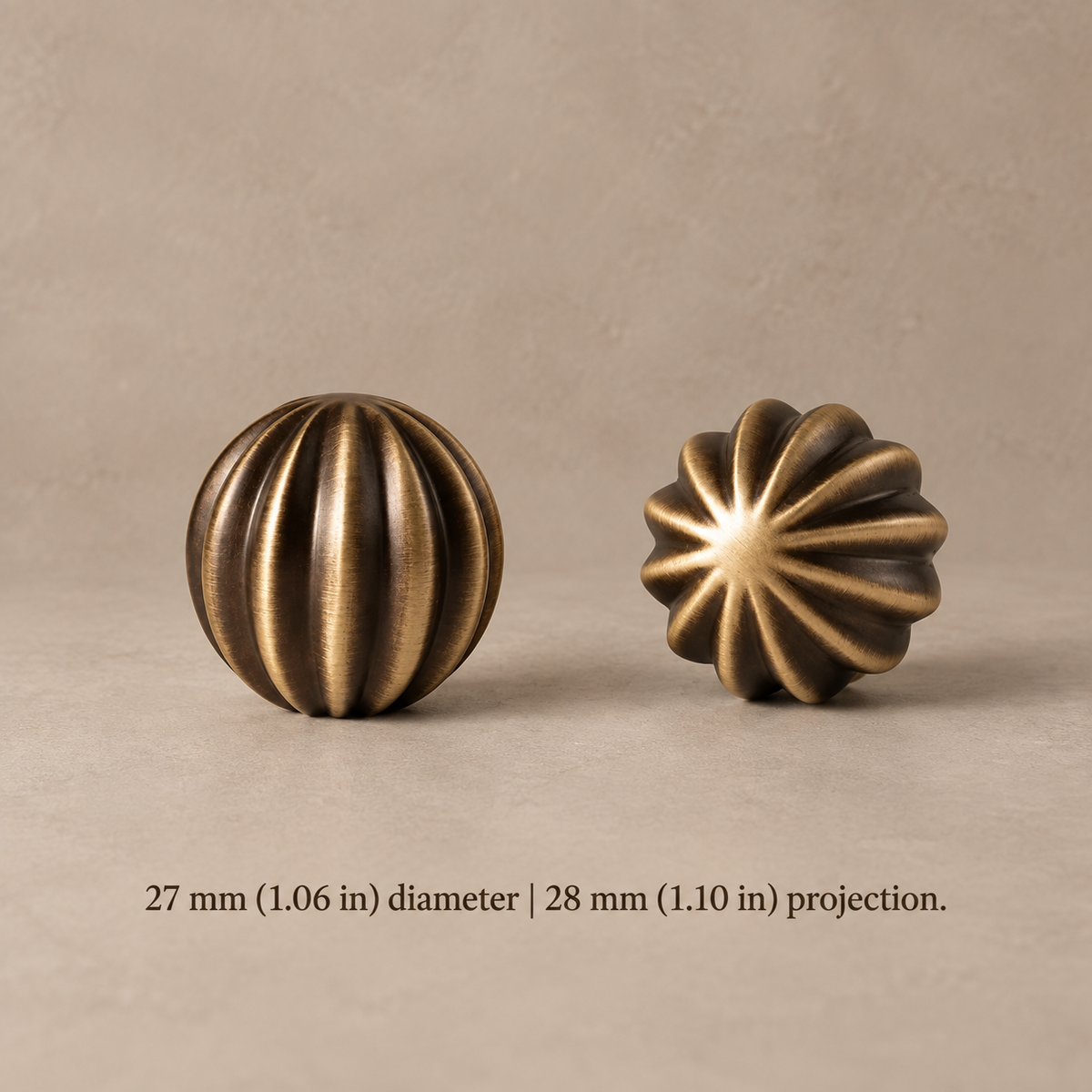 Fluted Barrel Cabinet Pull & Knob — Antique Brass — fluted-ball-27mm