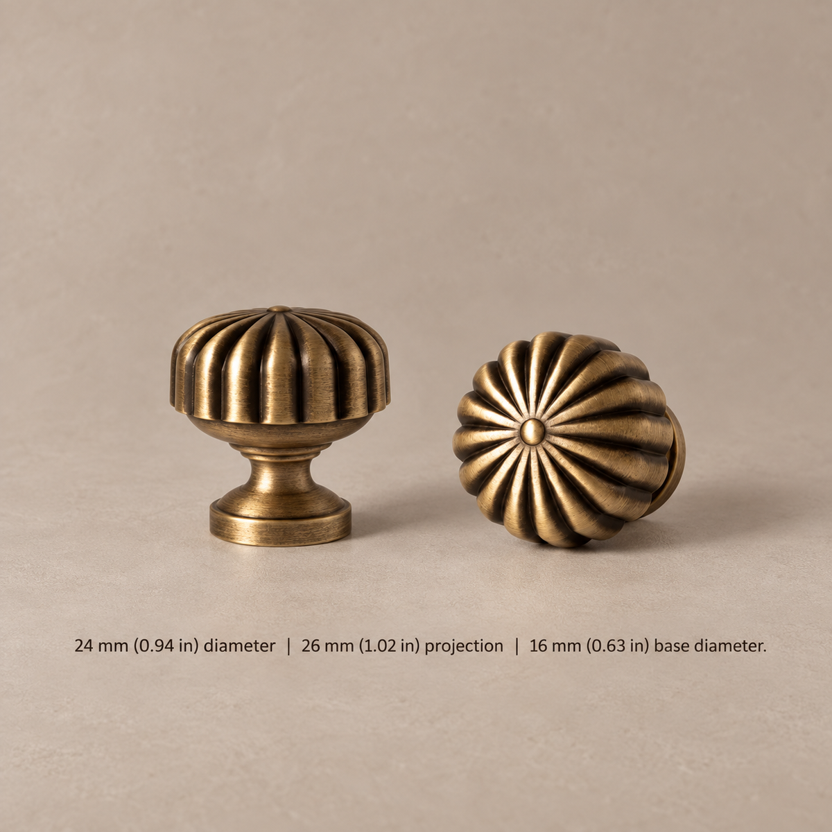 Fluted Barrel Cabinet Pull & Knob — Antique Brass — knob-24mm