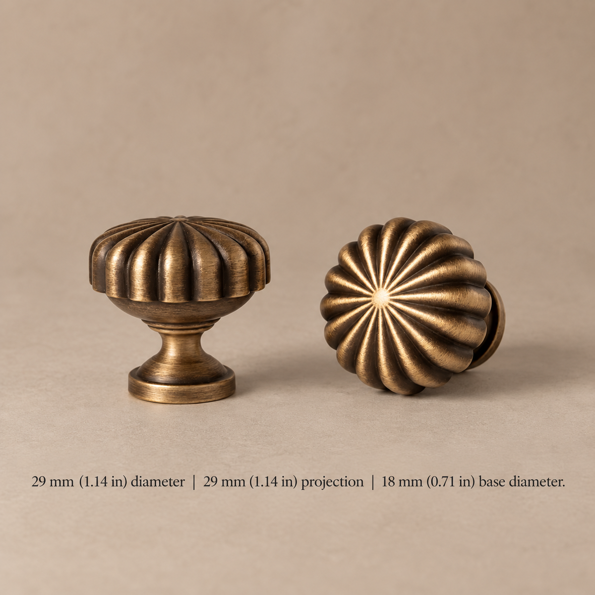 Fluted Barrel Cabinet Pull & Knob — Antique Brass — knob-29mm