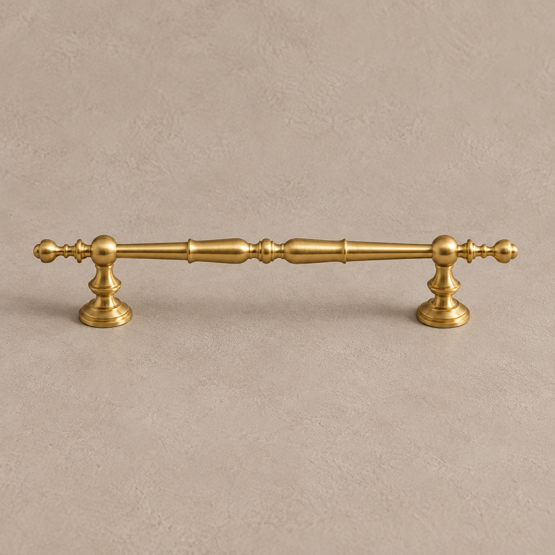 Solid Brushed Brass Cabinet Pull & Knob — French Style Design on a neutral stone studio background