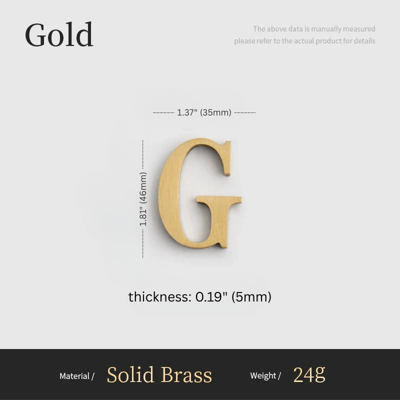 Gold letter 'G' with measurements on a white background