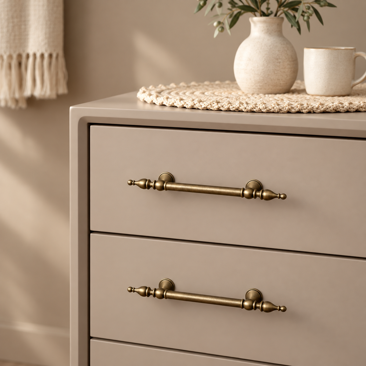 Antique Brass Solid Brass Cabinet Pulls & Knobs — Geometric Design — installed-pulls