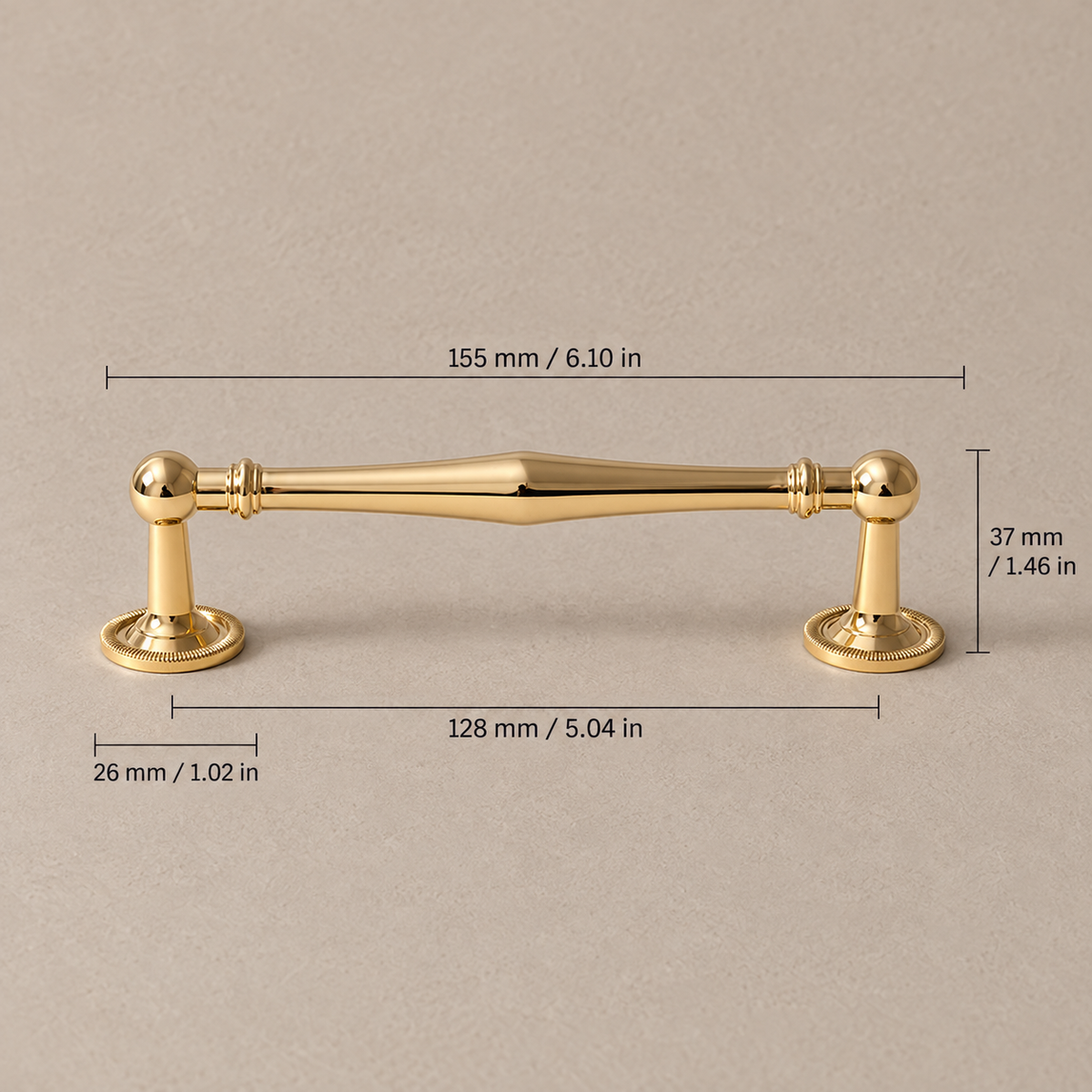 Gold spindle cabinet pull measurements, 128 mm (5.04 in) hole spacing