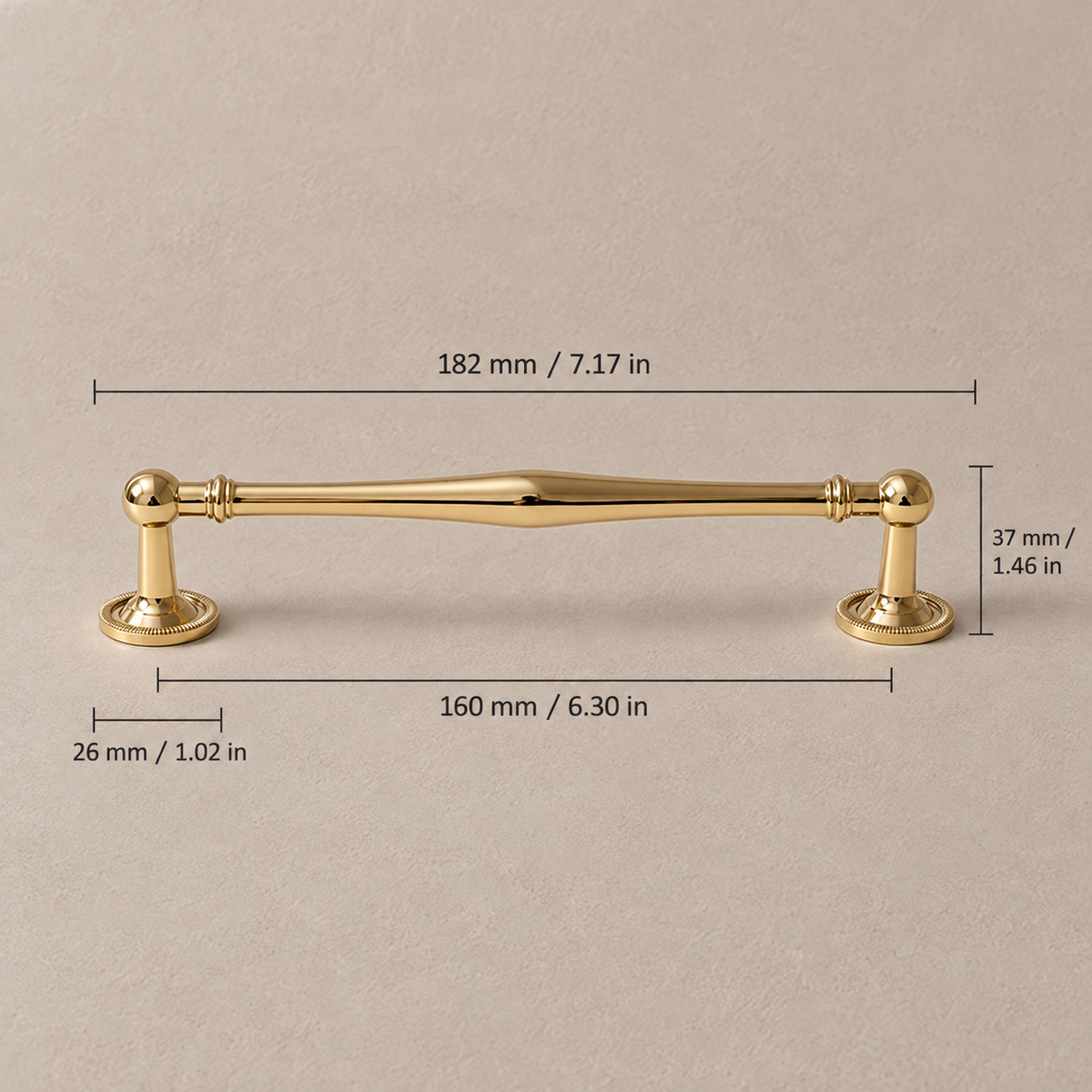 Gold spindle cabinet pull measurements, 160 mm (6.30 in) hole spacing