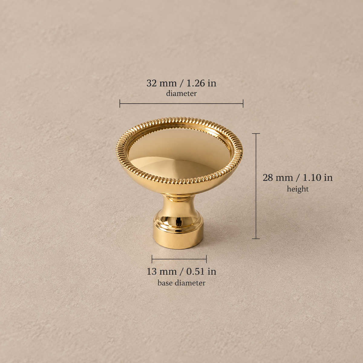 Gold beaded cabinet knob measurements, 32 mm (1.26 in) diameter