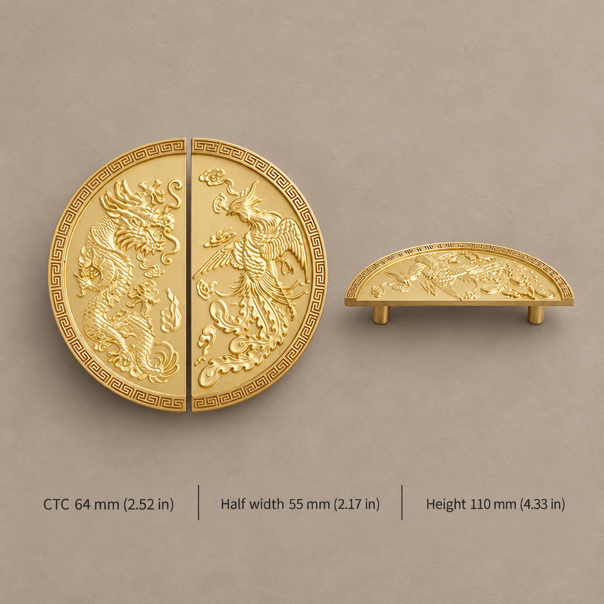 Gold decorative cabinet hardware with dimensions in millimeters and inches