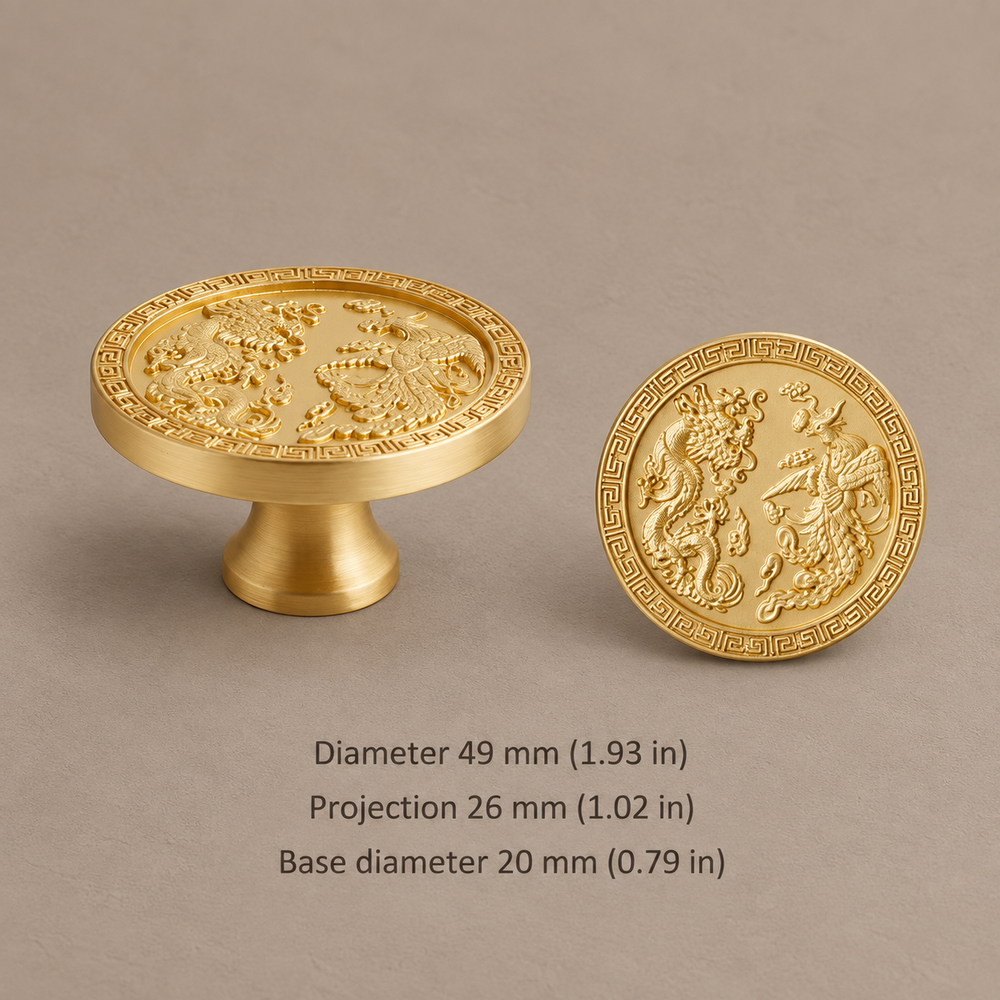 Gold decorative cabinet hardware with dimensions in millimeters and inches