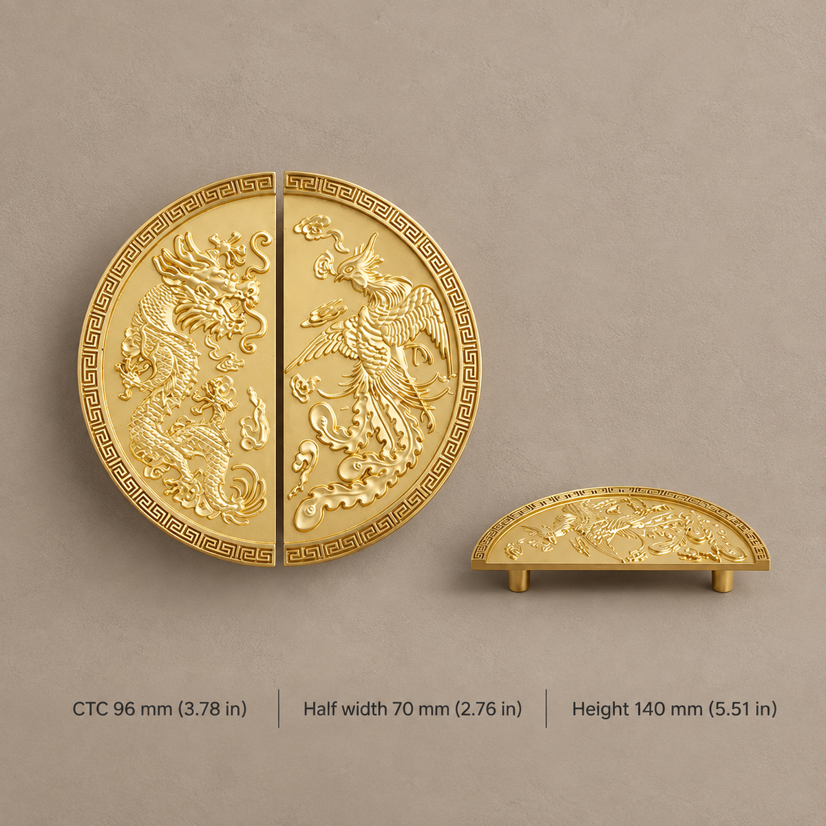 Gold decorative cabinet hardware with dimensions in millimeters and inches