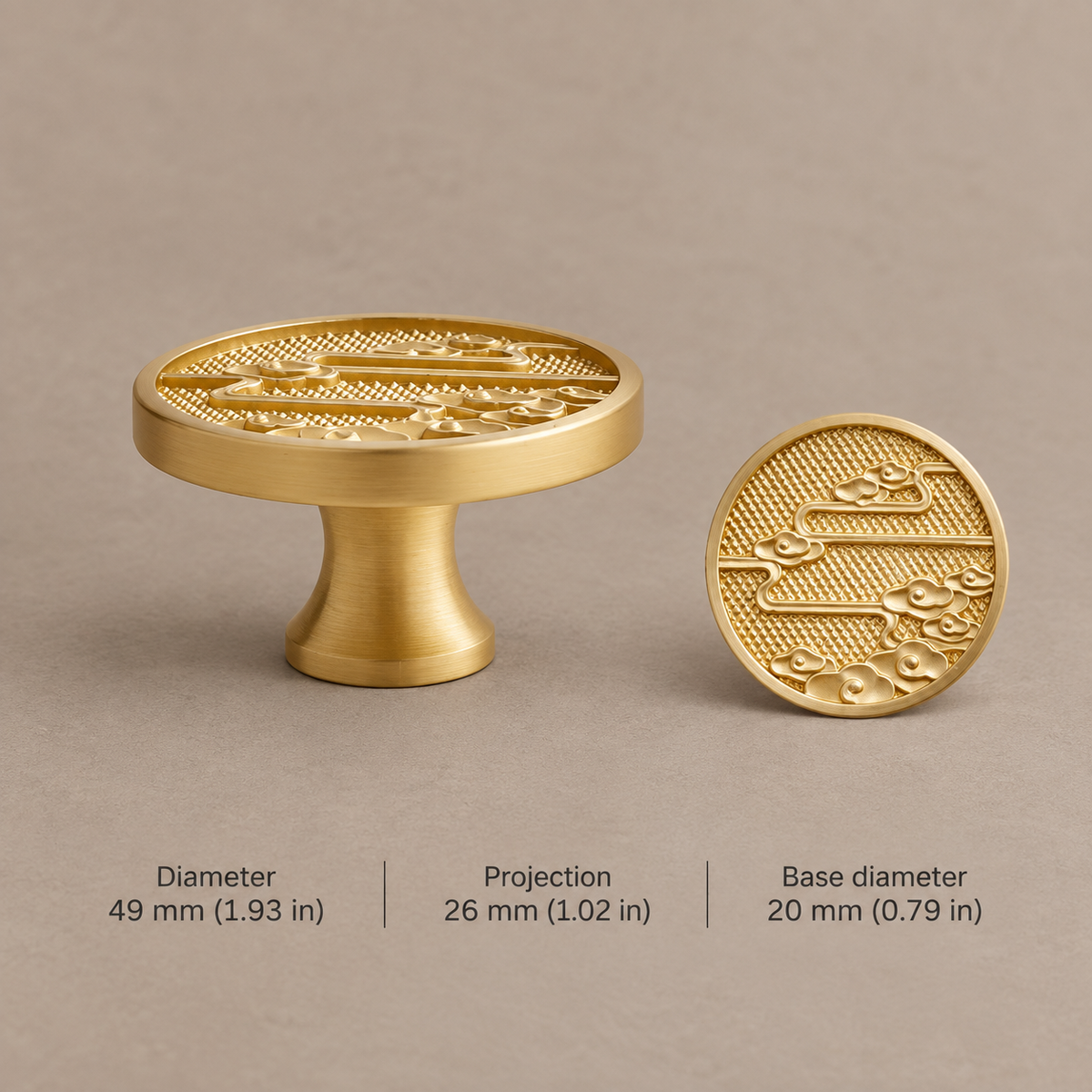 Gold decorative cabinet hardware with dimensions in millimeters and inches