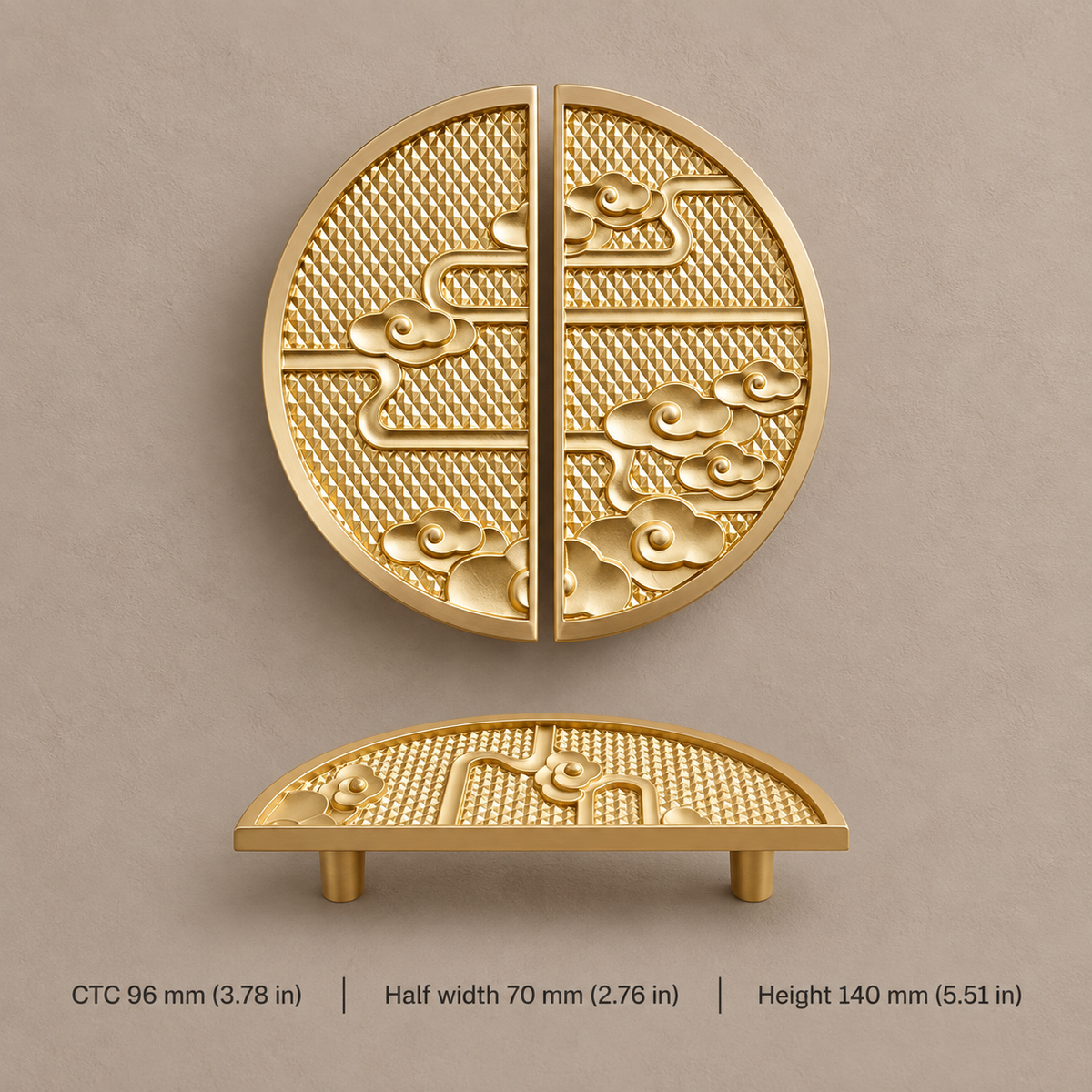 Gold decorative cabinet hardware with dimensions in millimeters and inches