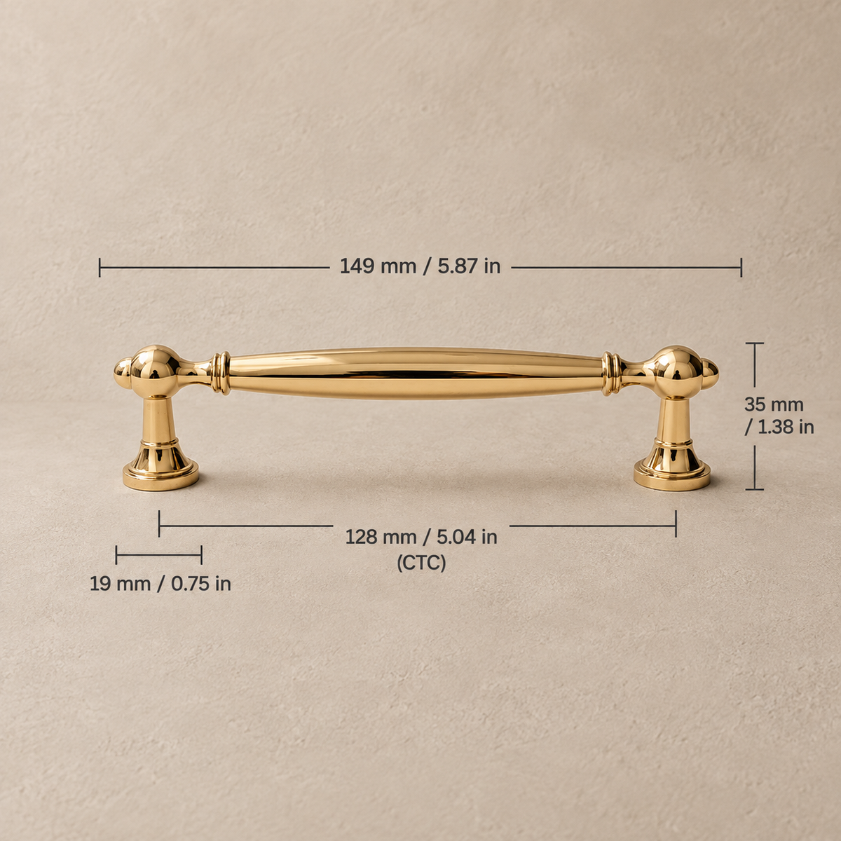 Gold spindle cabinet pull dimensions, 128 mm (5.04 in) hole spacing