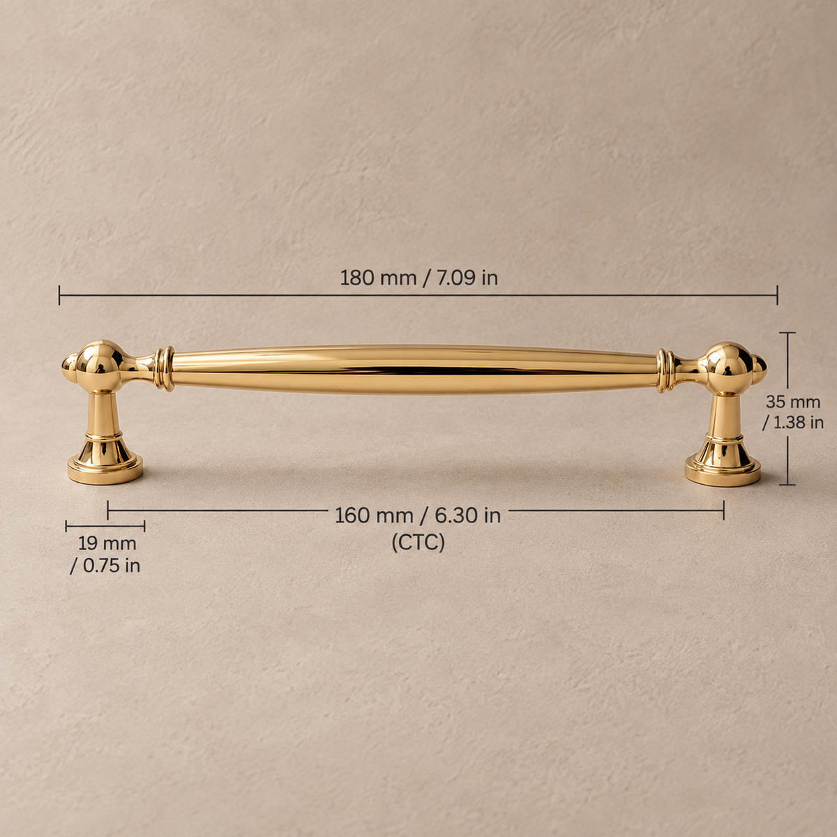 Gold spindle cabinet pull dimensions, 160 mm (6.30 in) hole spacing