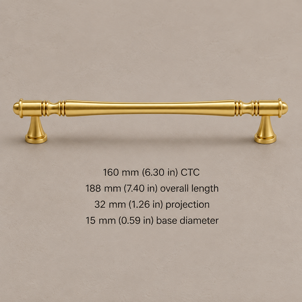 Gold T-Bar Cabinet Handle & Knob — Solid Brass Hat-End Design — pull-160mm