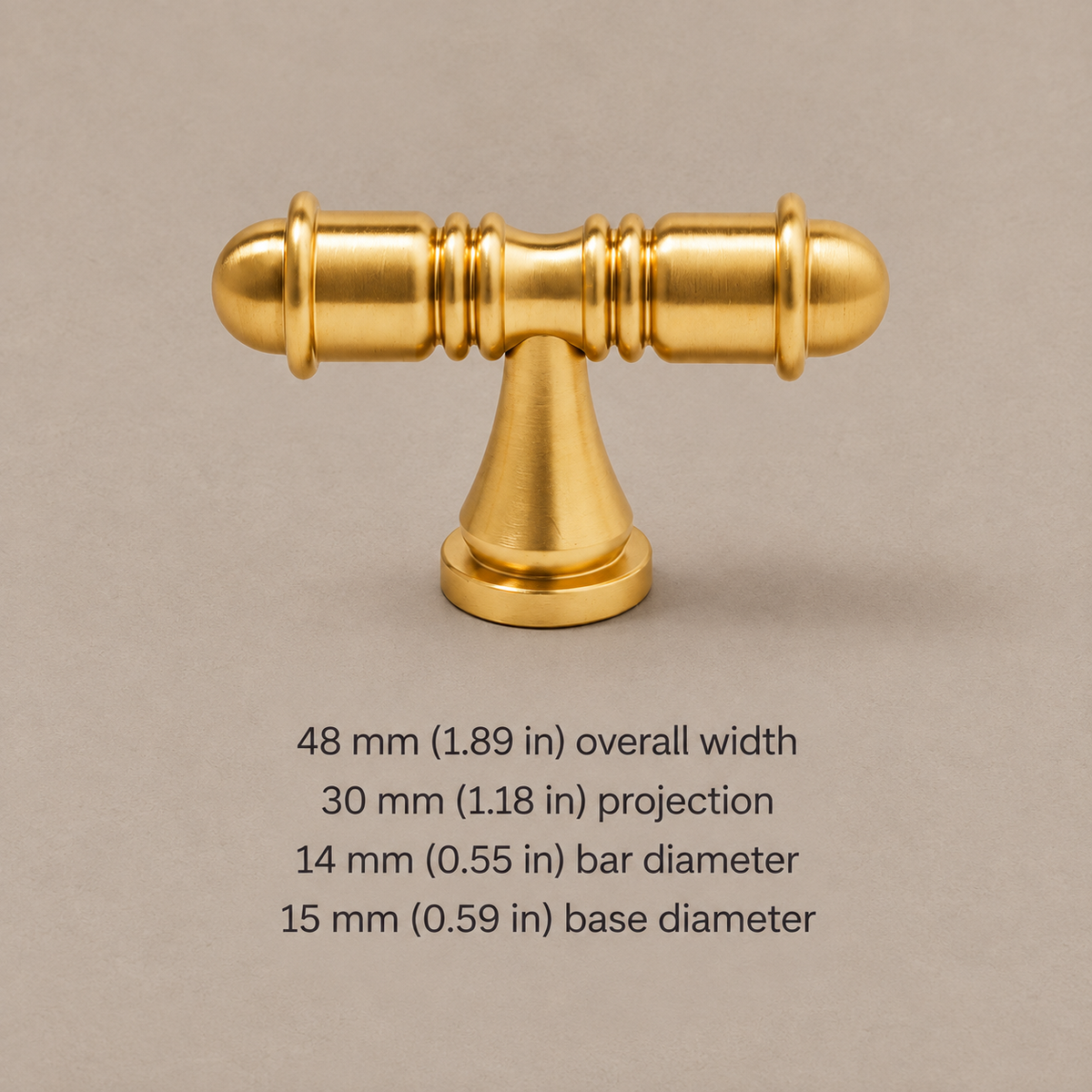 Gold T-Bar Cabinet Handle & Knob — Solid Brass Hat-End Design — t-knob-48mm