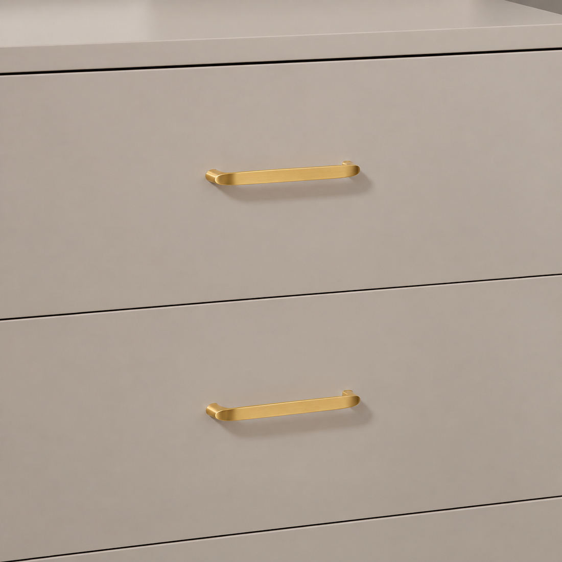 Solid Gold Brass Cabinet Pull & Knob — Modern Kitchen Design on a neutral stone studio background