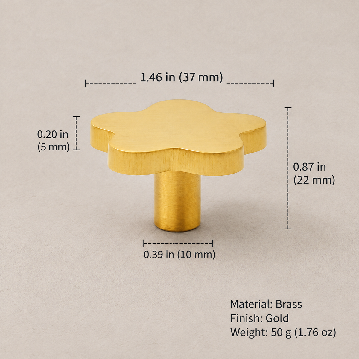 Gold star cabinet knob with 37 mm width and dimensions in inches and millimeters