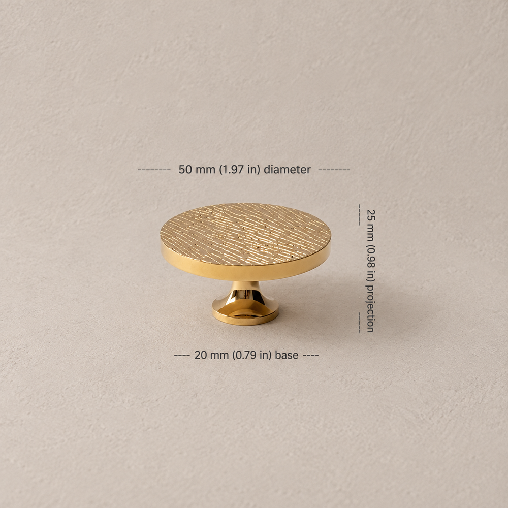 50 mm textured gold cabinet knob dimensions in millimeters and inches